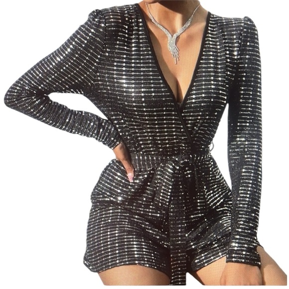 Pants - Glitzy evening long sleeve romper with waist sash plunging neckline step in Sz L